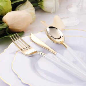 WDF 30Guest Gold Plastic Plates Disposable - Gold Plastic Silverware With White Handle Baroque Plates Disposable for Weddings, Parties, Mother's Day