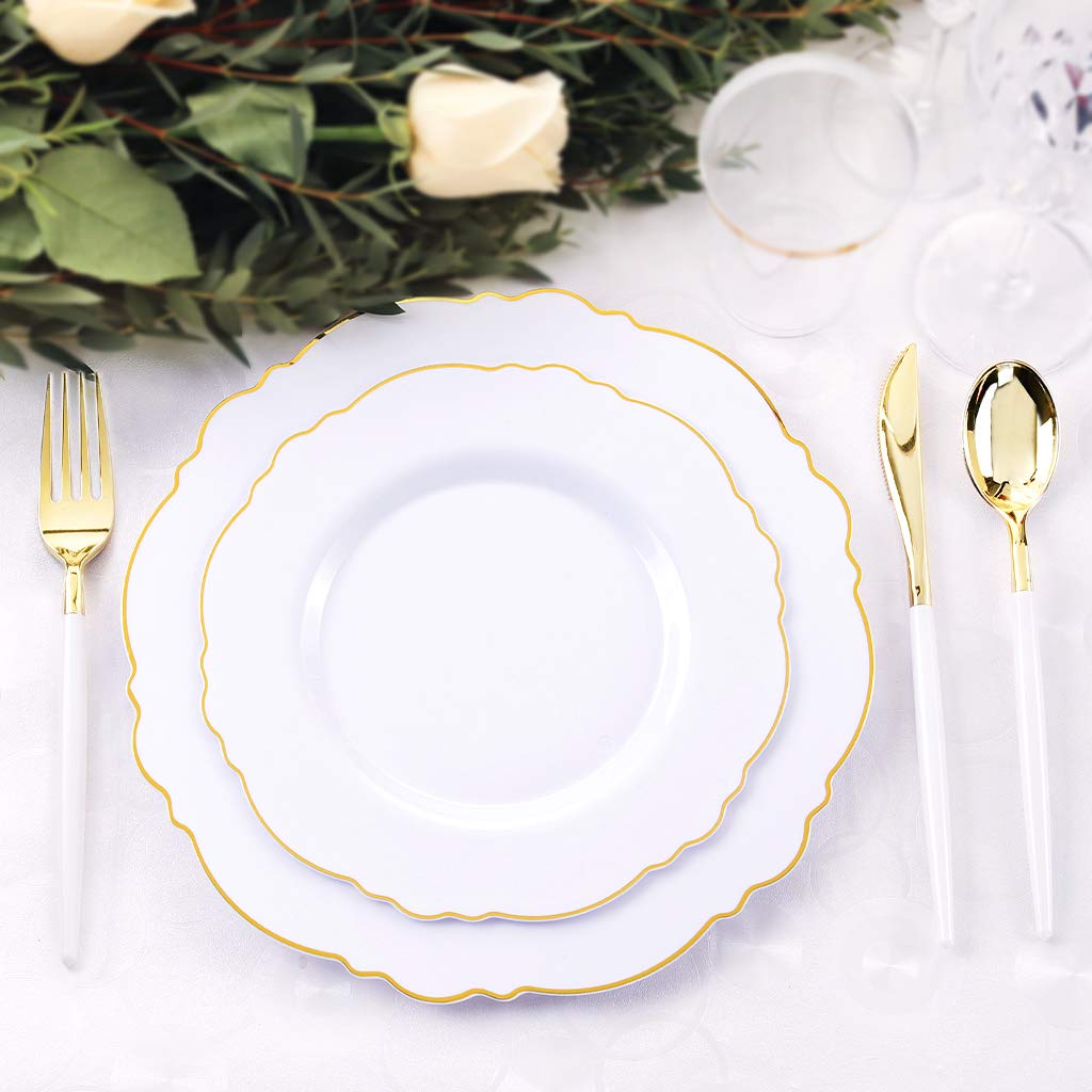 WDF 30Guest Gold Plastic Plates Disposable - Gold Plastic Silverware With White Handle Baroque Plates Disposable for Weddings, Parties, Mother's Day