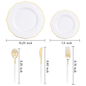 WDF 30Guest Gold Plastic Plates Disposable - Gold Plastic Silverware With White Handle Baroque Plates Disposable for Weddings, Parties, Mother's Day