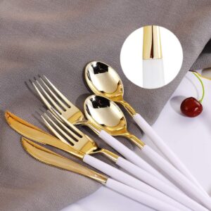 WDF 30Guest Gold Plastic Plates Disposable - Gold Plastic Silverware With White Handle Baroque Plates Disposable for Weddings, Parties, Mother's Day