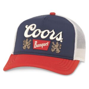 american needle coors banquet beer adjustable snapback trucker baseball hat, ivory/navy/red (miller-1901b)