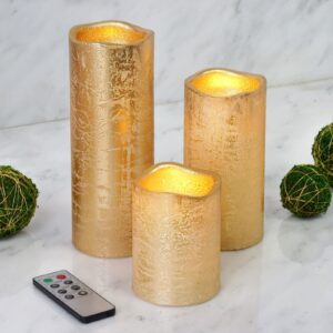 tableclothsfactory set of 3 metallic gold flameless candles battery operated led pillar candle lights with remote timer - 4" / 6” / 8”