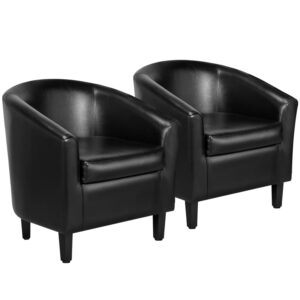 yaheetech barrel chairs set of 2, faux leather club chairs, pu leather accent chairs, waiting room chair with soft padded seat for living room bedroom reading room, black