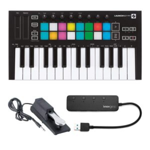novation launchkey mini mk3 25 mini-key midi keyboard bundle with sustain pedal and 4-port 3.0 usb hub (3 items)