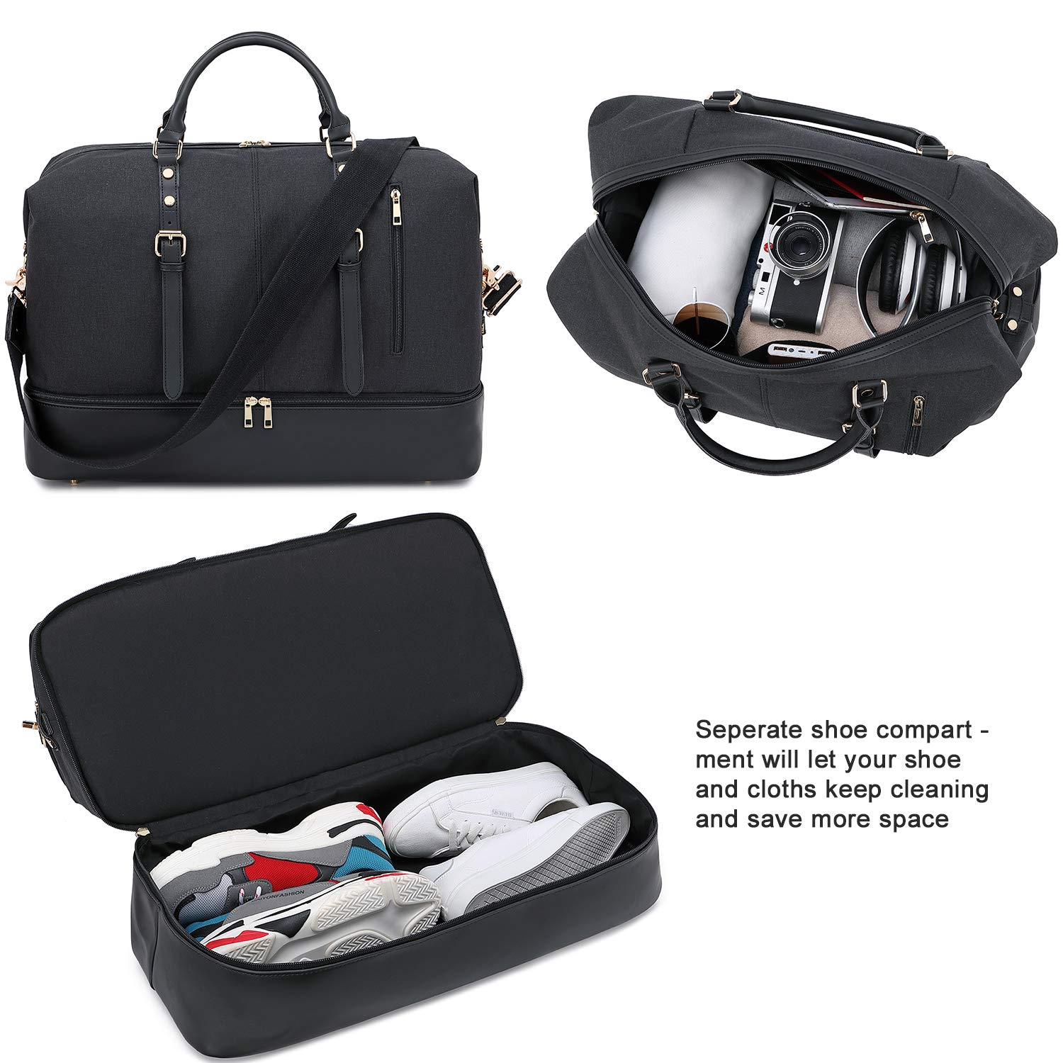 Weekender Overnight Bag Oversized Travel Duffel for Men and Women Carry On Tote Shoe Compartment (Black D)