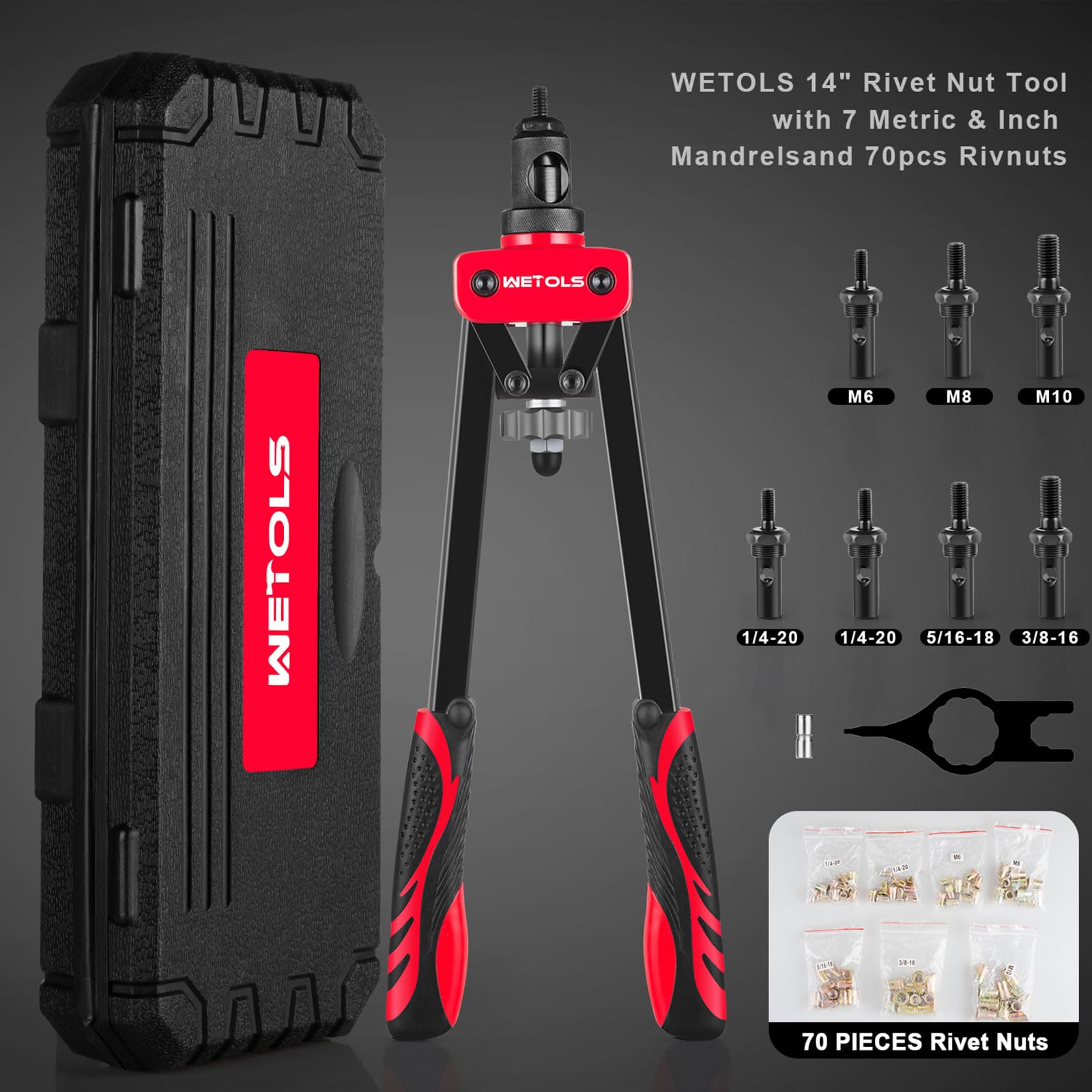 WETOLS Rivet Nut Tool, Hand Rivet with 7 Metric & Inch Mandrels M6 M8 M10, 1/4-20, 5/16-18, 3/8-16, 70pcs Rivnuts and Blow Carry Case, Steel - WE-882