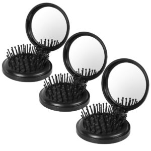 3pcs folding travel hair brush with mirror, mini comb/wet brushes, compact purse pocket hair massage combor for women and girls