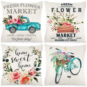 CDWERD 18x18 Pillow Covers, Set of 4 Pillow Covers, Fresh Flower Market Decorations Throw Farmhouse Pillowcase Linen Cushion Case for Spring Home Decor