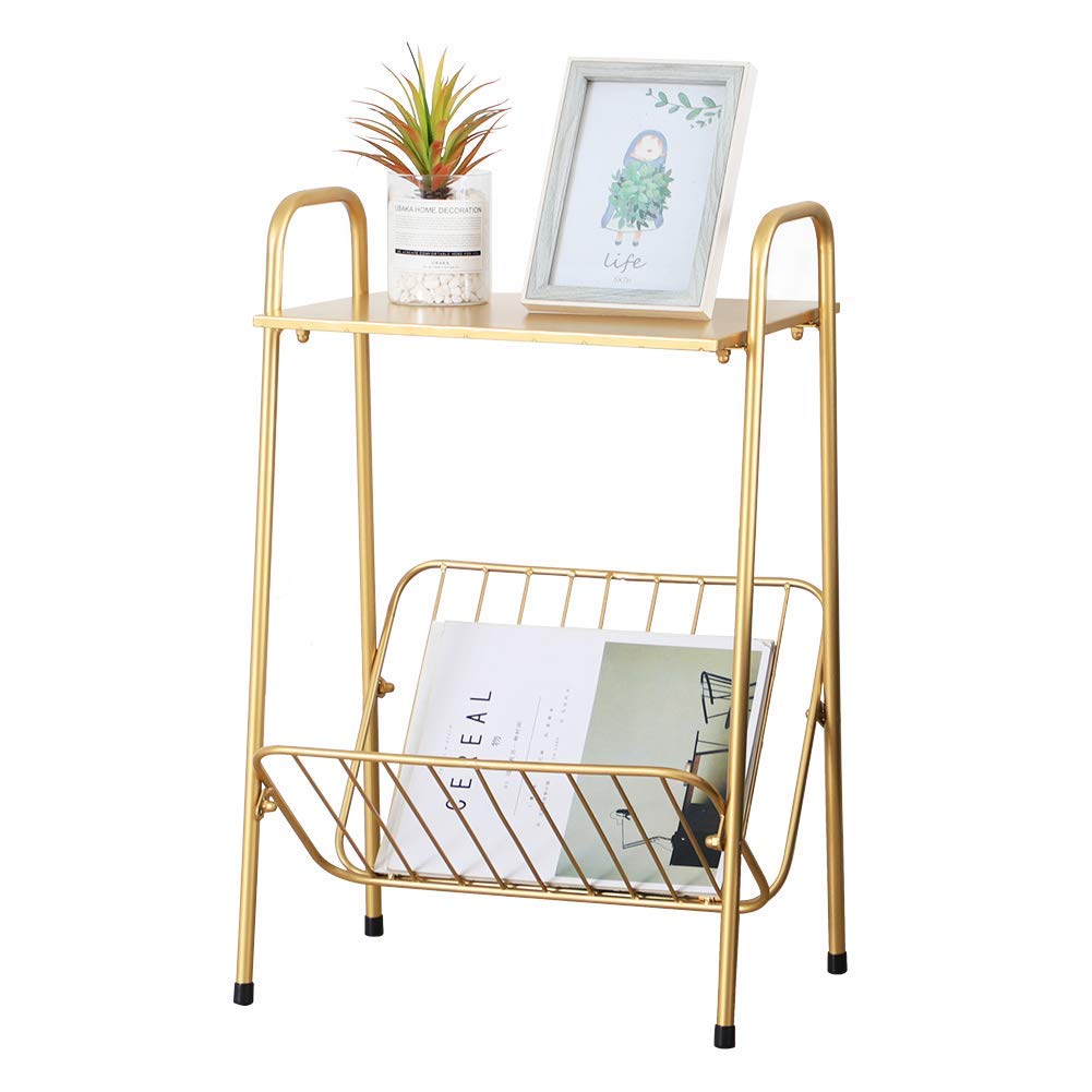 LITA Gold Modern Rectangular Metal Side Table,Two-Story End-Table with Magazine Storage for Bedroom,Living Room,Bedside Table