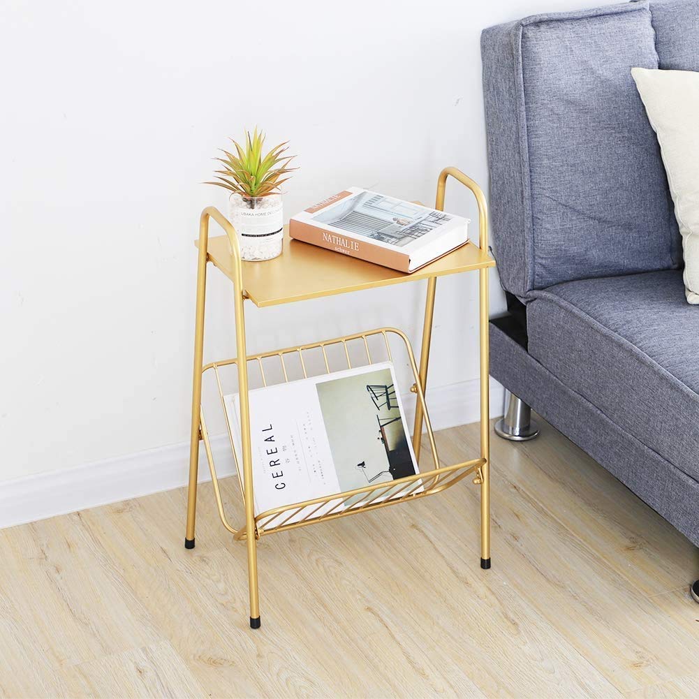 LITA Gold Modern Rectangular Metal Side Table,Two-Story End-Table with Magazine Storage for Bedroom,Living Room,Bedside Table