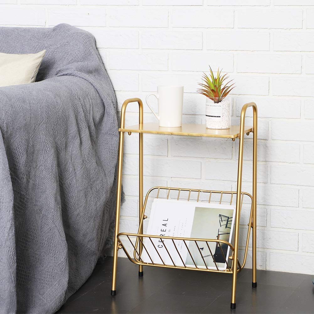 LITA Gold Modern Rectangular Metal Side Table,Two-Story End-Table with Magazine Storage for Bedroom,Living Room,Bedside Table