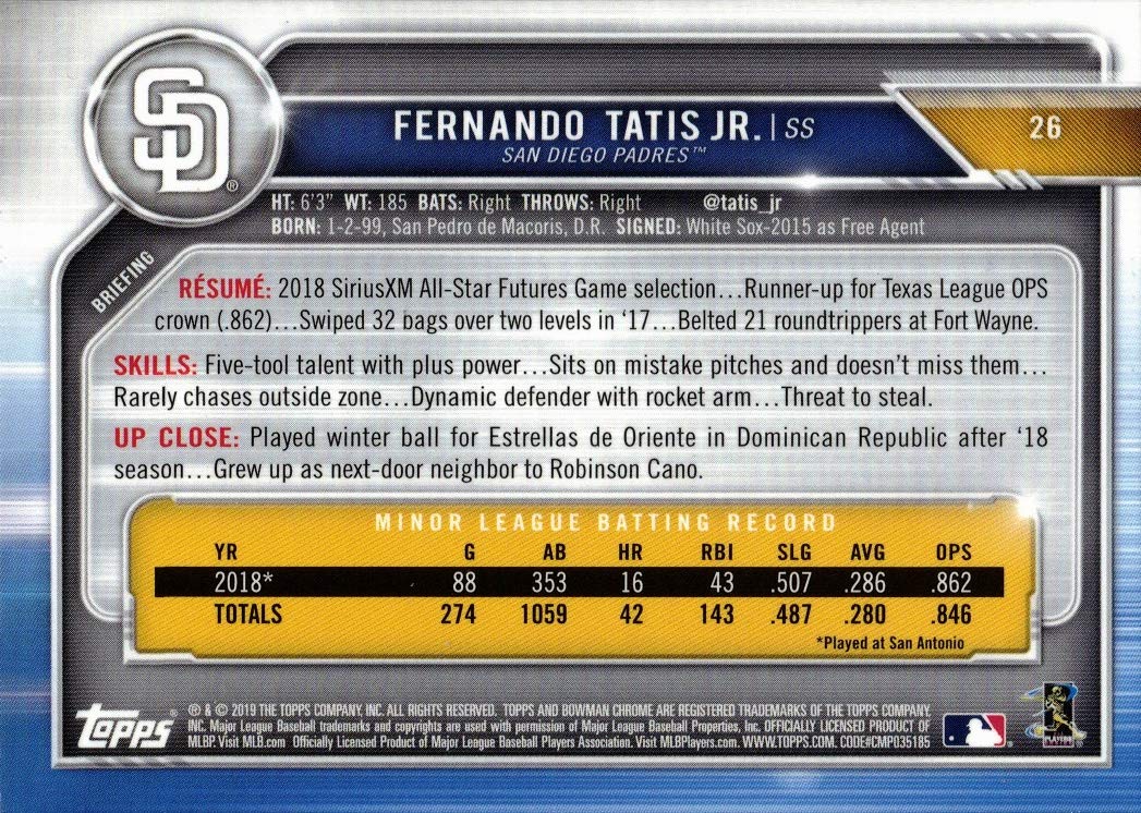 2019 Bowman Chrome Baseball #26 Fernando Tatis Jr. Rookie Card