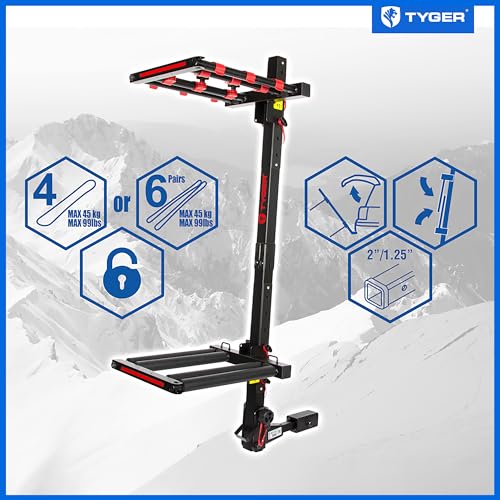 Tyger Auto TG-RK1B707B Folding Hitch-Mounted Ski/Snowboard Rack Fits 2" or 1.25" Receiver Carries 6 Pair Skis or 4 Snowboards | Key Lock | Security Strap | Vertical Adjustable | Tilt Access