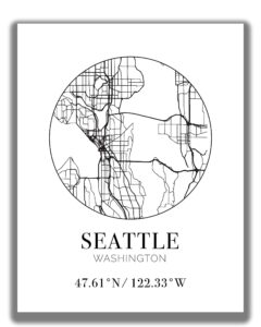 seattle wa city street map wall art - 11x14 unframed modern abstract black & white aerial view decor print with coordinates. makes a great seattle washington-themed gift.