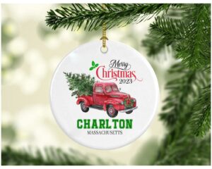 christmas decoration tree merry christmas 2023 charlton massachusetts ornament funny gift xmas holiday as a family pretty rustic first christmas in our new home mdf plastic 3" white