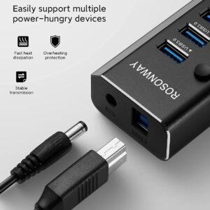 Powered USB Hub, Rosonway Aluminum 10 Port USB 3.0 Data Hub with 36W (12V/3A) Power Adapter and Individual On/Off Switches USB Splitter(RSH-A10)