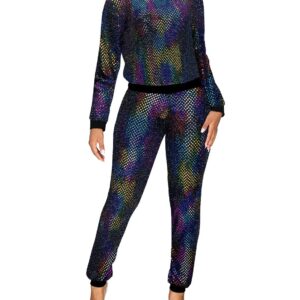 EOSIEDUR 2 Piece Night Clubwear Outfit for Women Long Sleeve Top and Metallic Shiny Pants Glitter Clubwear Galaxy & Colorful XXL