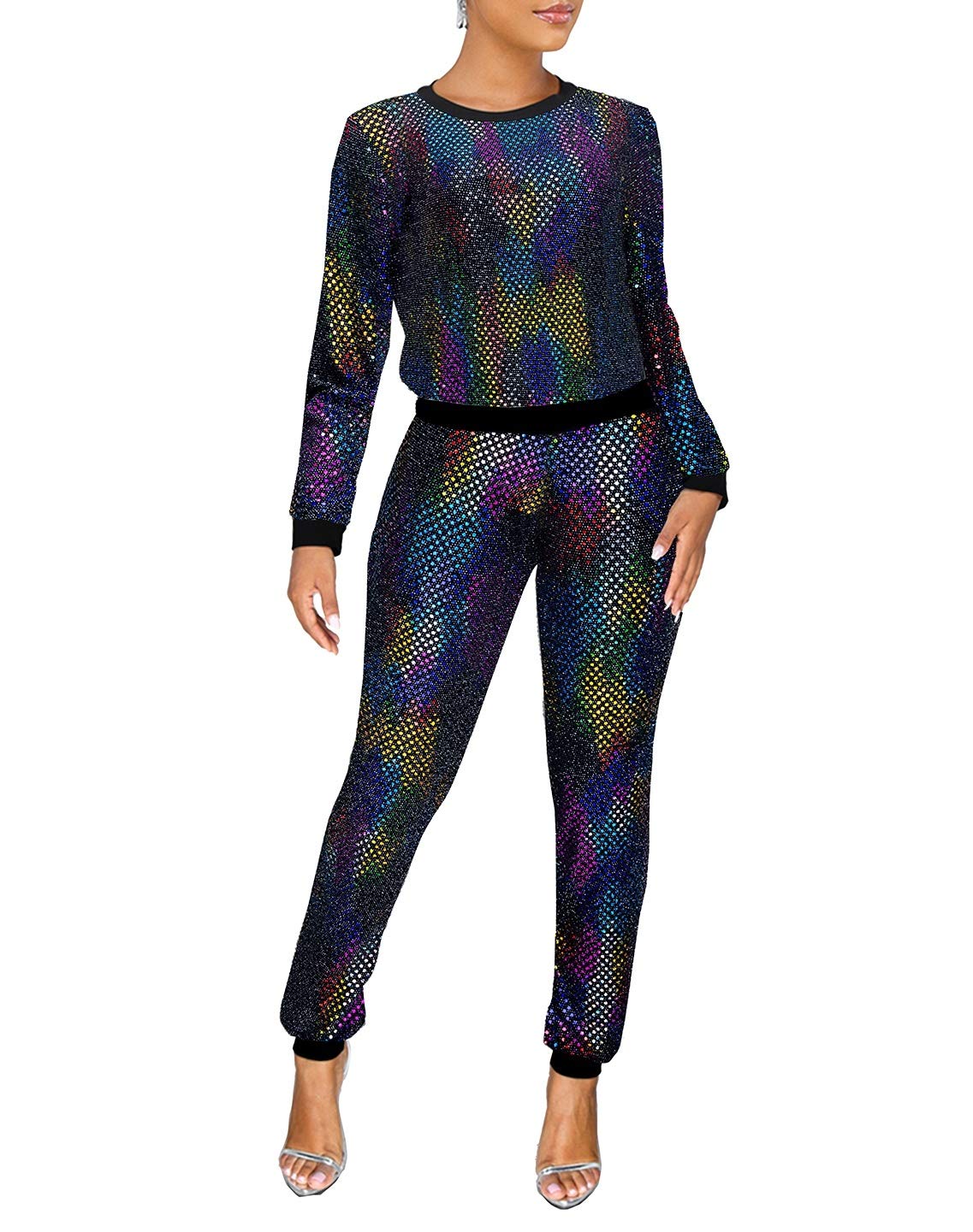 EOSIEDUR 2 Piece Night Clubwear Outfit for Women Long Sleeve Top and Metallic Shiny Pants Glitter Clubwear Galaxy & Colorful XXL