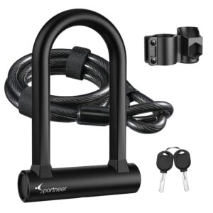 sportneer bike lock: heavy duty anti theft bike u lock with 5ft security steel cable - 17mm shackle bicycle u-locks with keys & sturdy mounting bracket for road, mountain, electric & folding bike