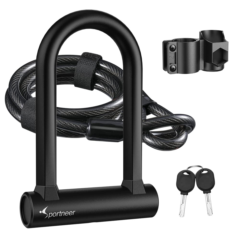 Sportneer Bike Lock: Heavy Duty Anti Theft Bike U Lock with 5ft Security Steel Cable - 17mm Shackle Bicycle U-Locks with Keys & Sturdy Mounting Bracket for Road, Mountain, Electric & Folding Bike