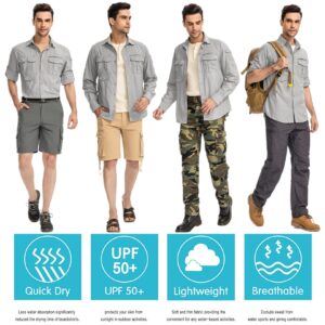 Mens Safari Shirt Fishing Hiking Clothes SPF 50 Sun Protection Long Sleeve Outdoor Quick Dry Vented Breathable Cool Utility Cargo Shirts (5068 Light Grey 3XL)