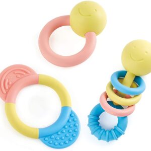 Hape Rattle & Teether Collection | 3-Piece Rattle & Teething Set for Babies, Soft Colors