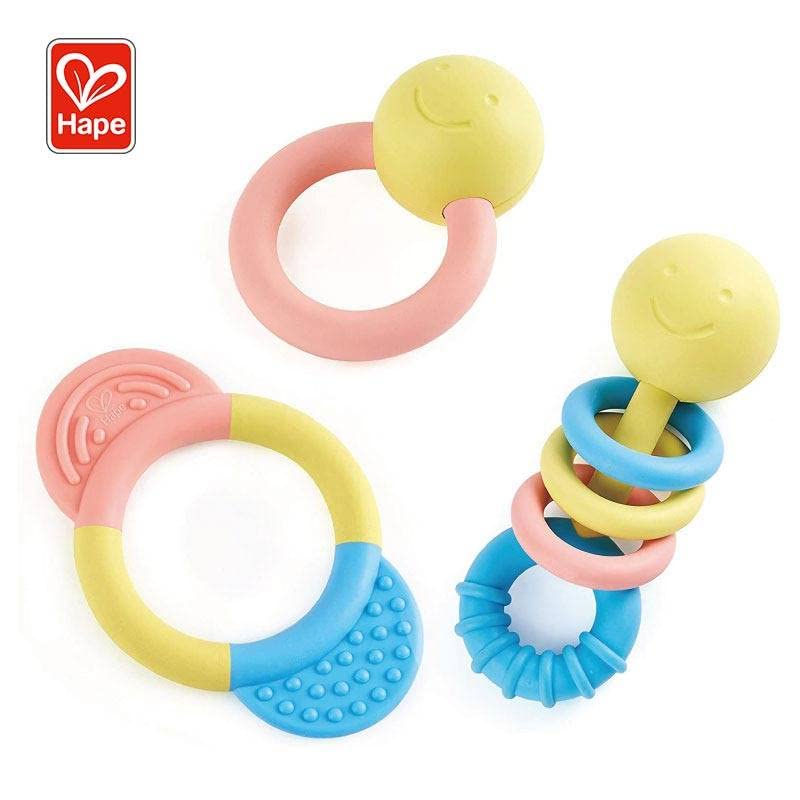 Hape Rattle & Teether Collection | 3-Piece Rattle & Teething Set for Babies, Soft Colors