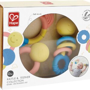 Hape Rattle & Teether Collection | 3-Piece Rattle & Teething Set for Babies, Soft Colors