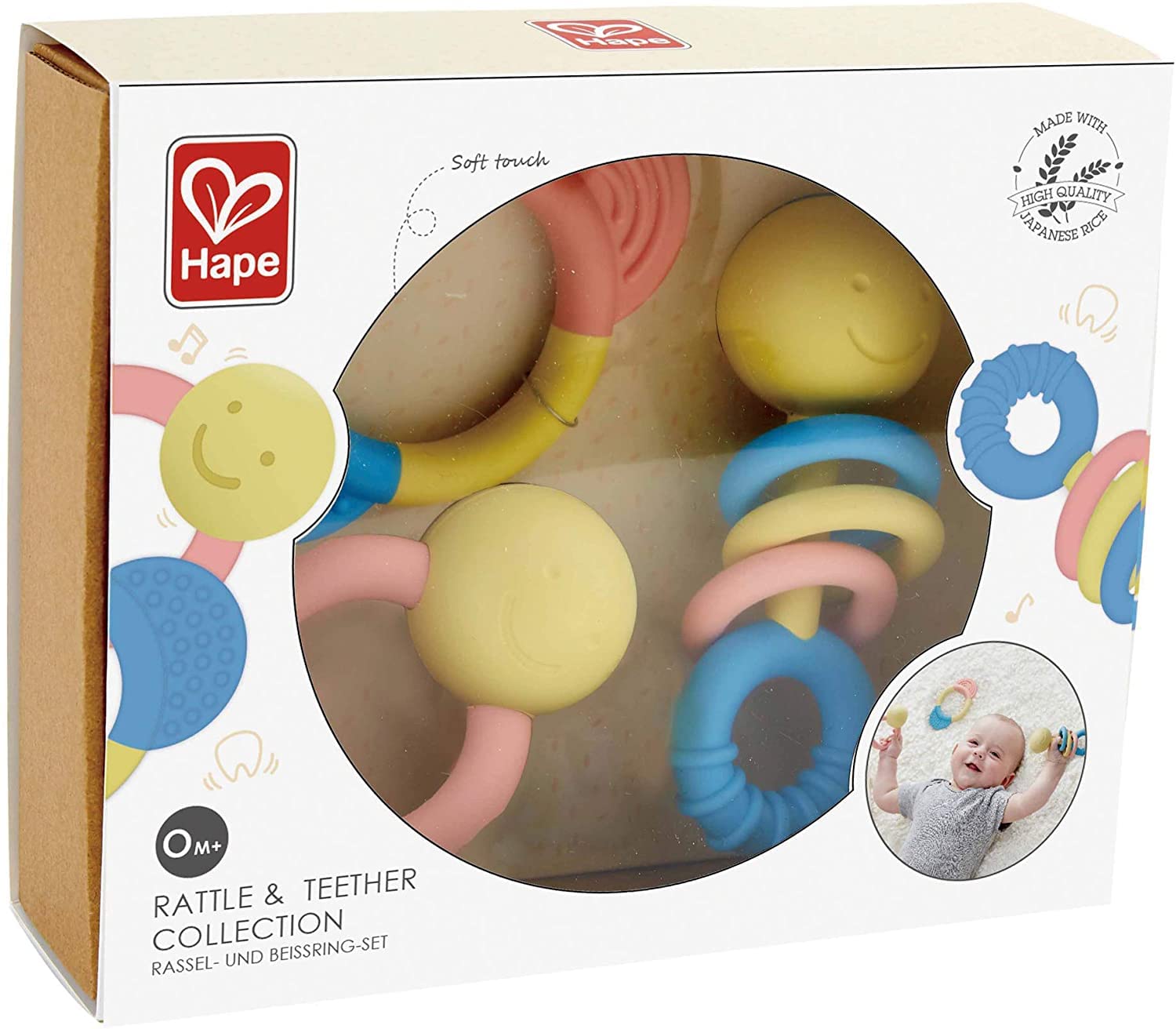 Hape Rattle & Teether Collection | 3-Piece Rattle & Teething Set for Babies, Soft Colors