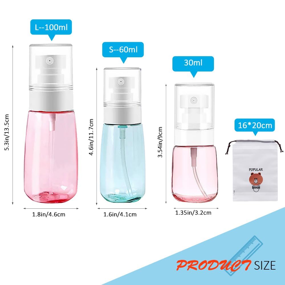 AMORIX 6PCS Spray Bottles Small 100ml 3.4 oz Empty Mini Travel Size Spray Bottle Fine Mist Hairspray Bottle for Essential Oils Refillable Travel Containers for Cosmetic, Perfume + Drawstring Bag