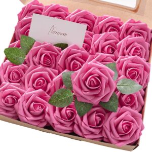 floroom artificial flowers 50pcs real looking hot pink foam fake roses with stems for diy wedding bouquets baby shower centerpieces floral arrangements party tables home decorations