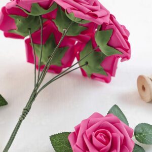 Floroom Artificial Flowers 50pcs Real Looking Hot Pink Foam Fake Roses with Stems for DIY Wedding Bouquets Baby Shower Centerpieces Floral Arrangements Party Tables Home Decorations