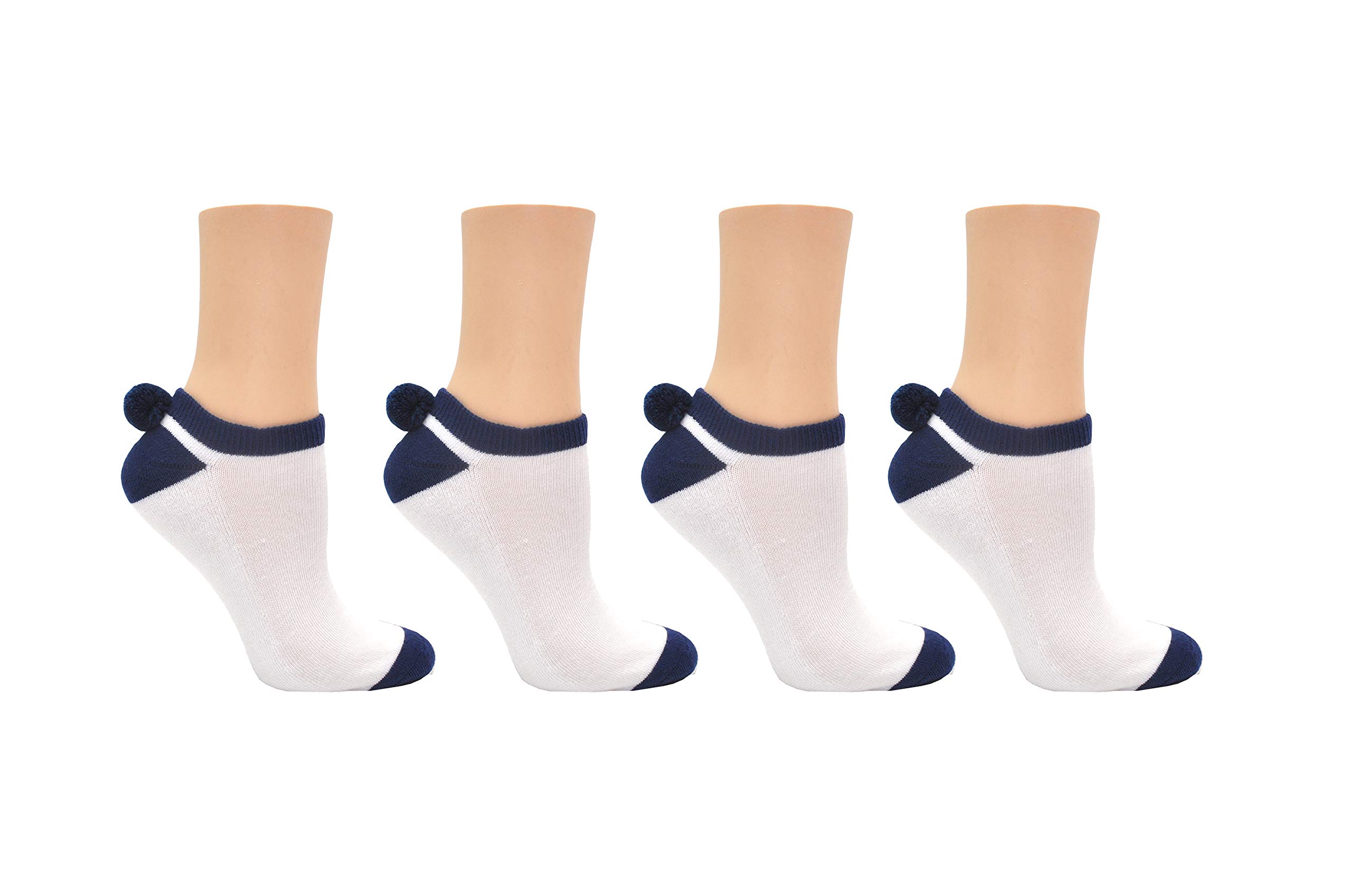 Everything Legwear Sock House Co. Pom Pom Socks (4 Pair) - Team Spirit Athletic Socks - Fits Ladies Shoe Size: 4-10 (Navy)
