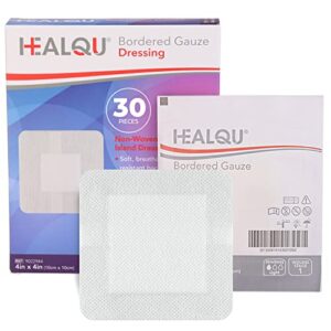 healqu bordered gauze island dressing - 30 count, 4" x 4" sterile individually wrapped gauze pads with water-resistant, non-woven backing - soft and breathable wound dressing for first aid and medical