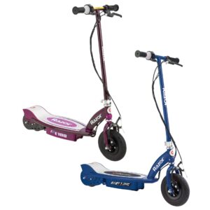 razor e100 & e125 kids 24 volt motorized electric battery powered toy scooters, blue & purple