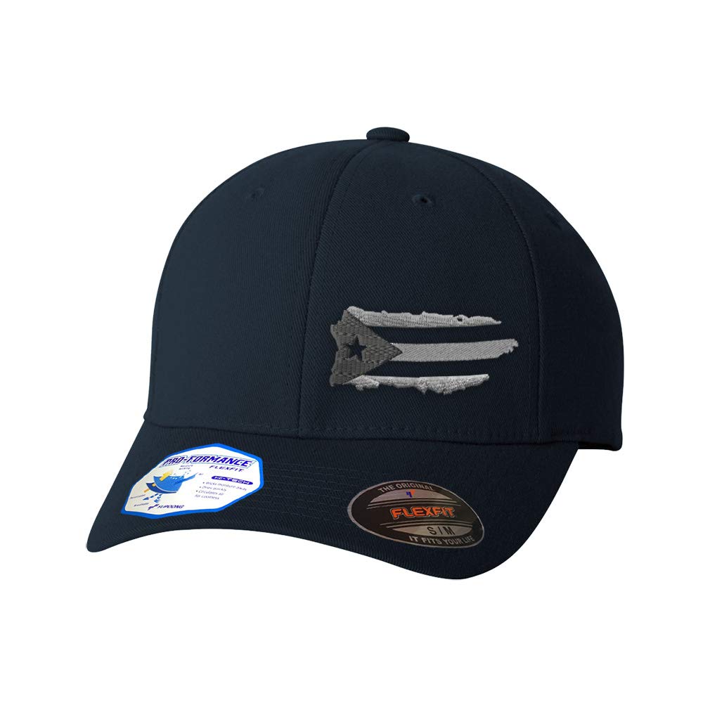 Flexfit Left Side Panel Puerto Rico Island Map Flag A Embroidery Hats for Men & Women Polyester Dark Navy Small Medium