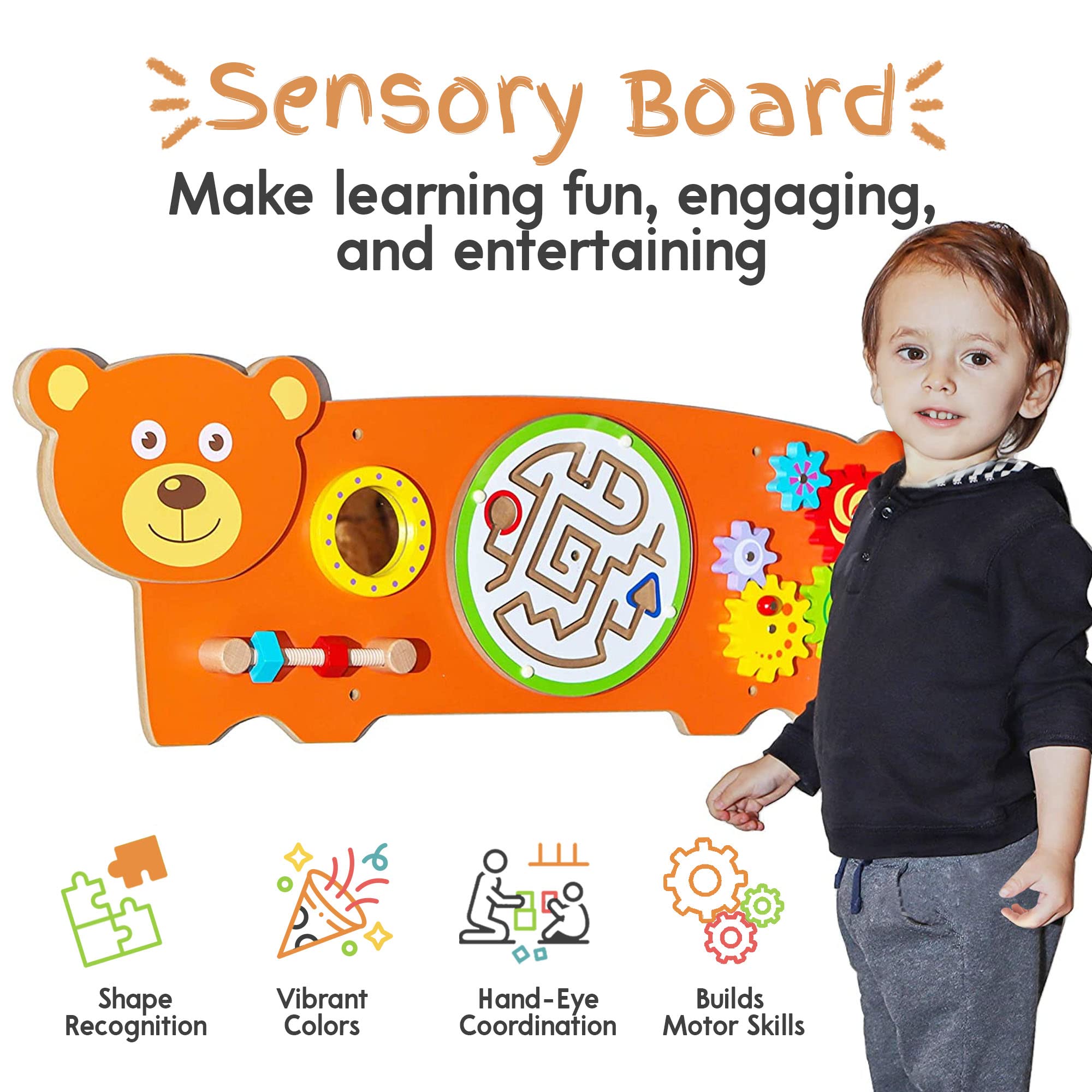 D DAKIN Learning Sensory Wall Toy for Toddlers - Bear Sensory Board Field with Fun Learning Activities - Wall Busy Board Learning Activity Wall Panel Toy for Kids Playroom & Children's Daycare