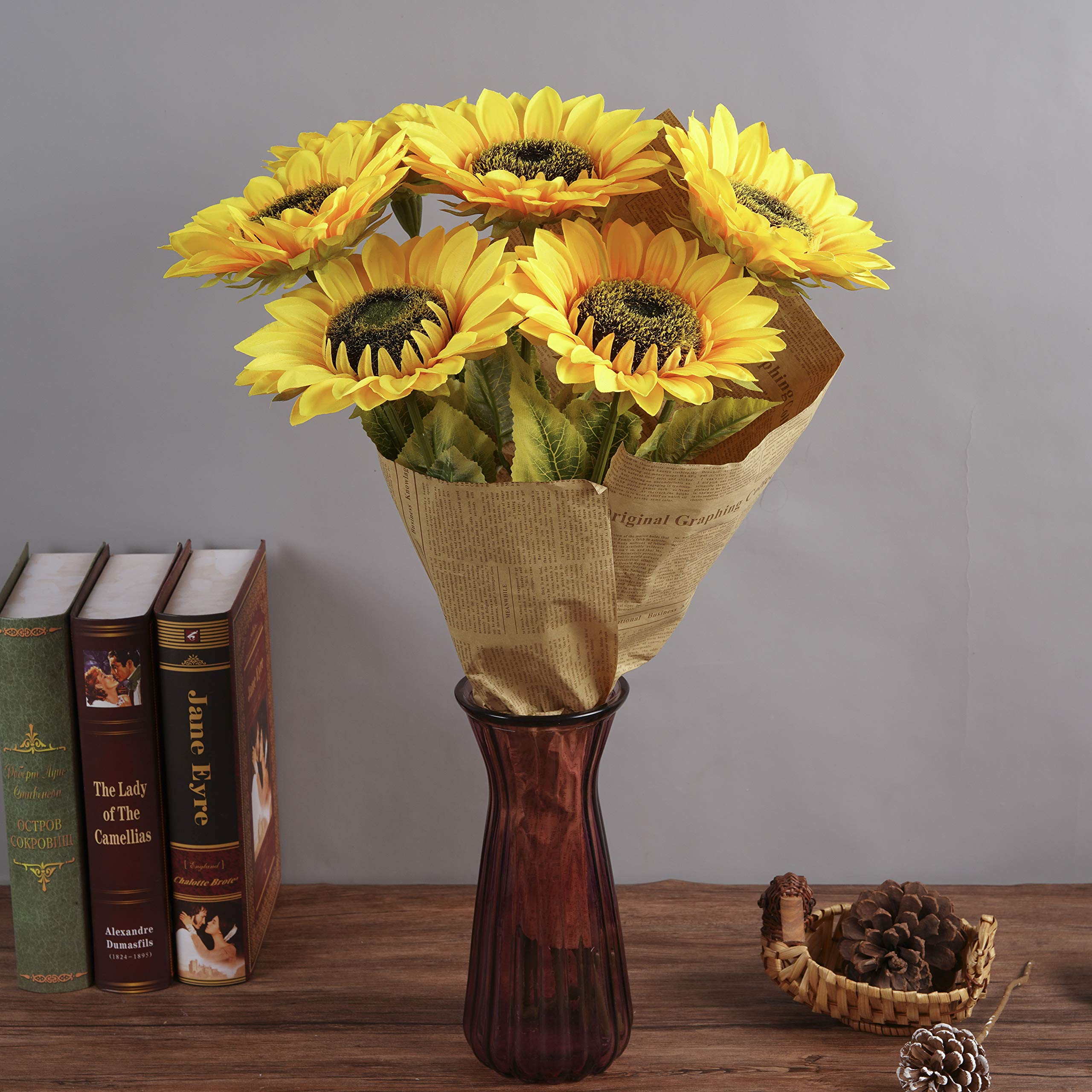 Plobach Artificial Silk Sunflowers 6 Pcs Long Stem Fake Sunflowers Bouquet Large Sunflowers Decor for Home Hotel Office Wedding Party Garden