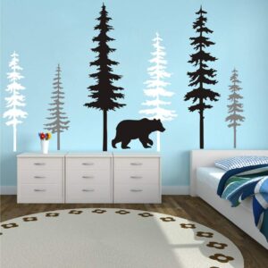 large forest pine tree with bear wall decals woodland trees wall sticker for nursery room art kids room bedroom decoration forest tree animal wall mural am10(white +gray+black w/bear)