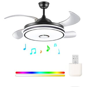 Retractable Ceiling Fan with Light with Bluetooth Speaker Color Changing 36W 42 Inch Music Black Invisible Blades Hidden Bluetooth Ceiling Fan Fandelier Chandelier Light with Remote Control