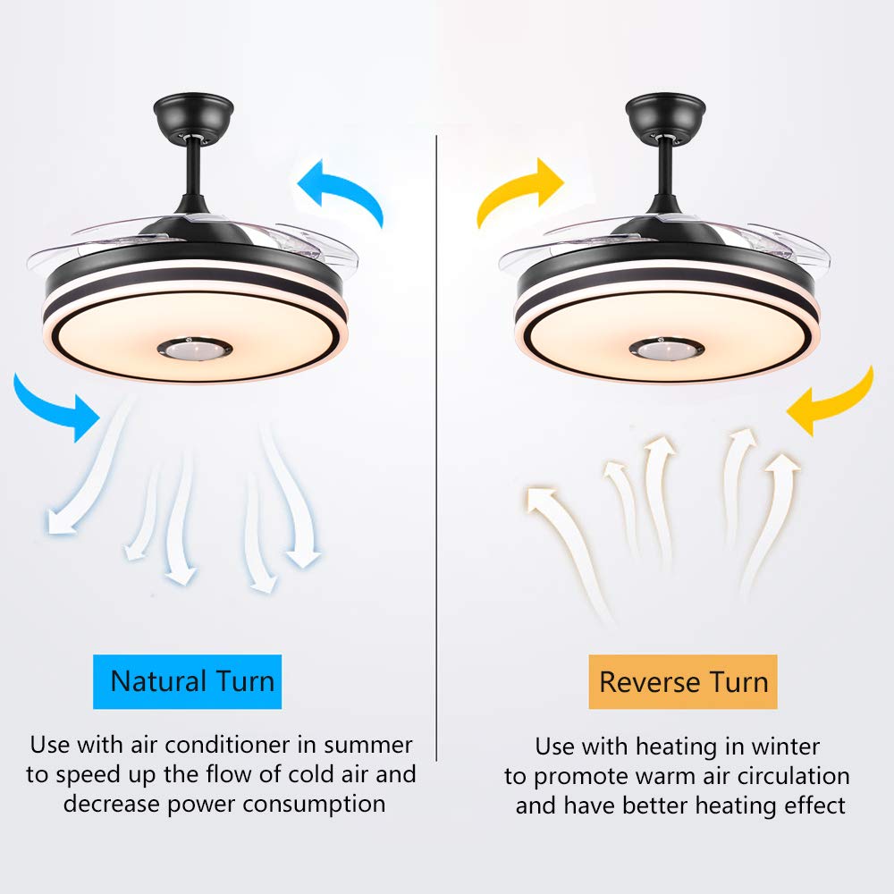 Retractable Ceiling Fan with Light with Bluetooth Speaker Color Changing 36W 42 Inch Music Black Invisible Blades Hidden Bluetooth Ceiling Fan Fandelier Chandelier Light with Remote Control