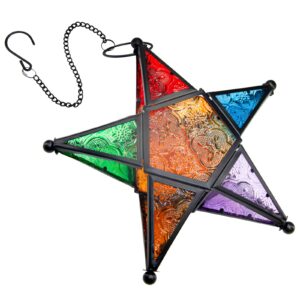 modern morocco metal art candle holders, star colorful glass christmas holiday home wall decor lantern for mantel patio garden with hanging loop- black