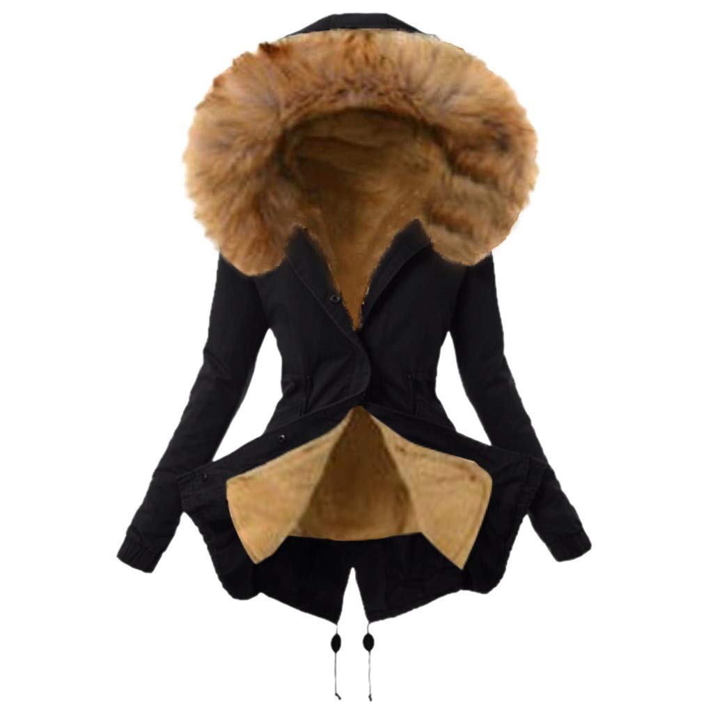 Womens Hooded Warm Winter Thicken Fleece Lined Parkas Long Coats Jackets Outwear with Faux Fur Hood