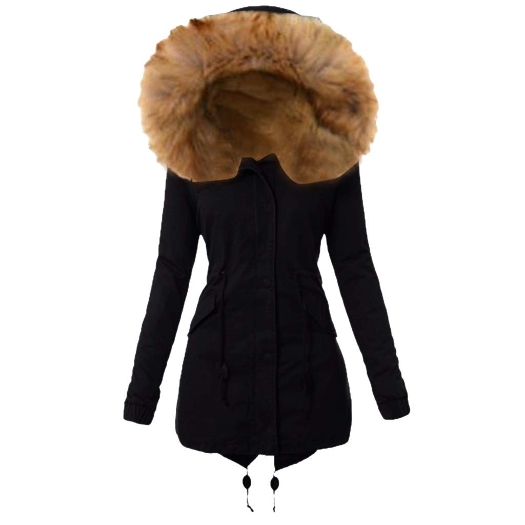 Womens Hooded Warm Winter Thicken Fleece Lined Parkas Long Coats Jackets Outwear with Faux Fur Hood