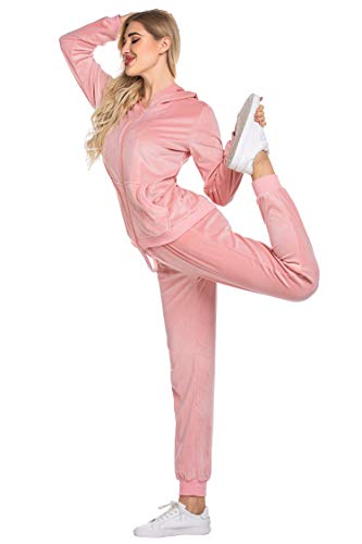 HOTOUCH Womens Hoodie Set Velour Jogging Track_Suit Active Wear Pink, Large