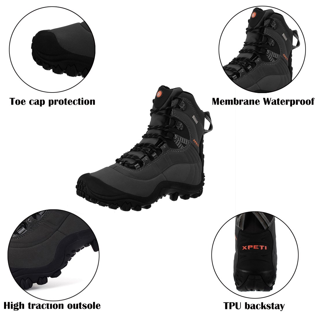 XPETI Men’s Thermator Mid-Rise Waterproof Lightweight Hiking Boot Insulated Non-Slip Grey 8.5