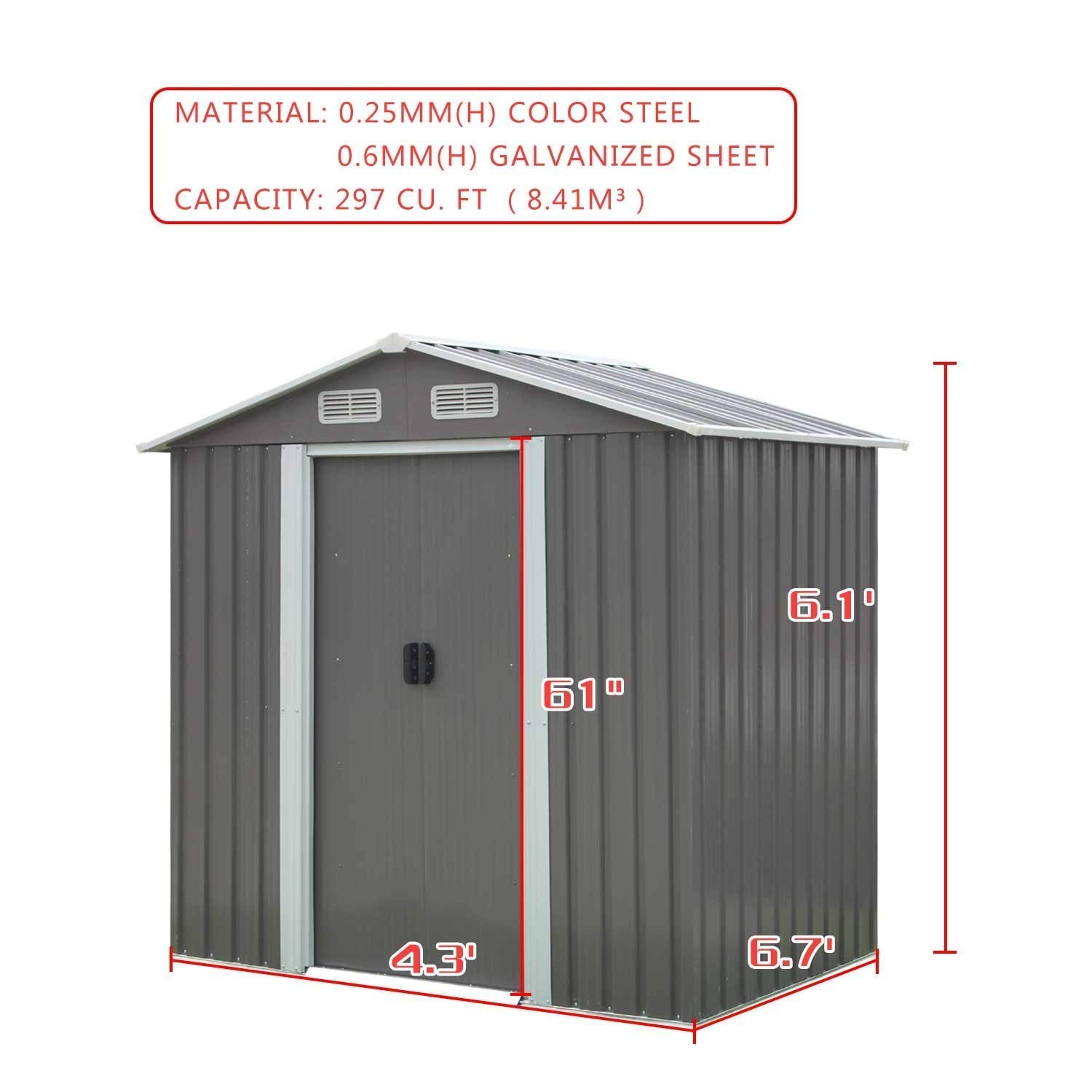 Outdoor Storage Shed 6 x 4 Feet Utility Tool Shed Garden Vents kit with Waterproof Garage Galvanized Steel Parts with Grey Sliding Grey Doors