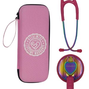 vitalwise heart shaped rainbow and vibrant pink 28 inch cardiology stethoscope with personalizable spare parts and pink case, great for a nurse, emt, vet, doctor