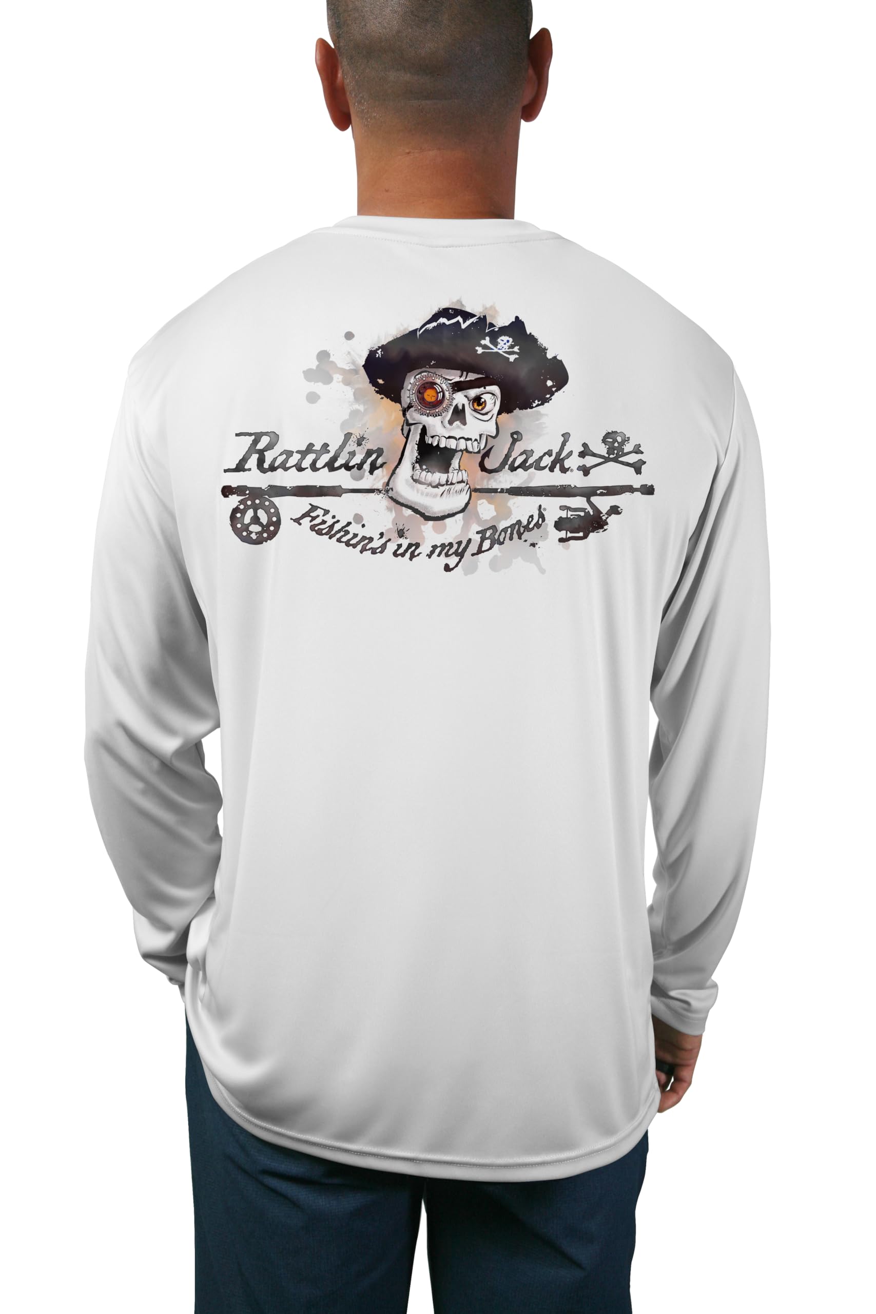 Rattlin Jack Men's Long Sleeve Fishing Shirt UV Protection SkullLogo XL Grey-Wht