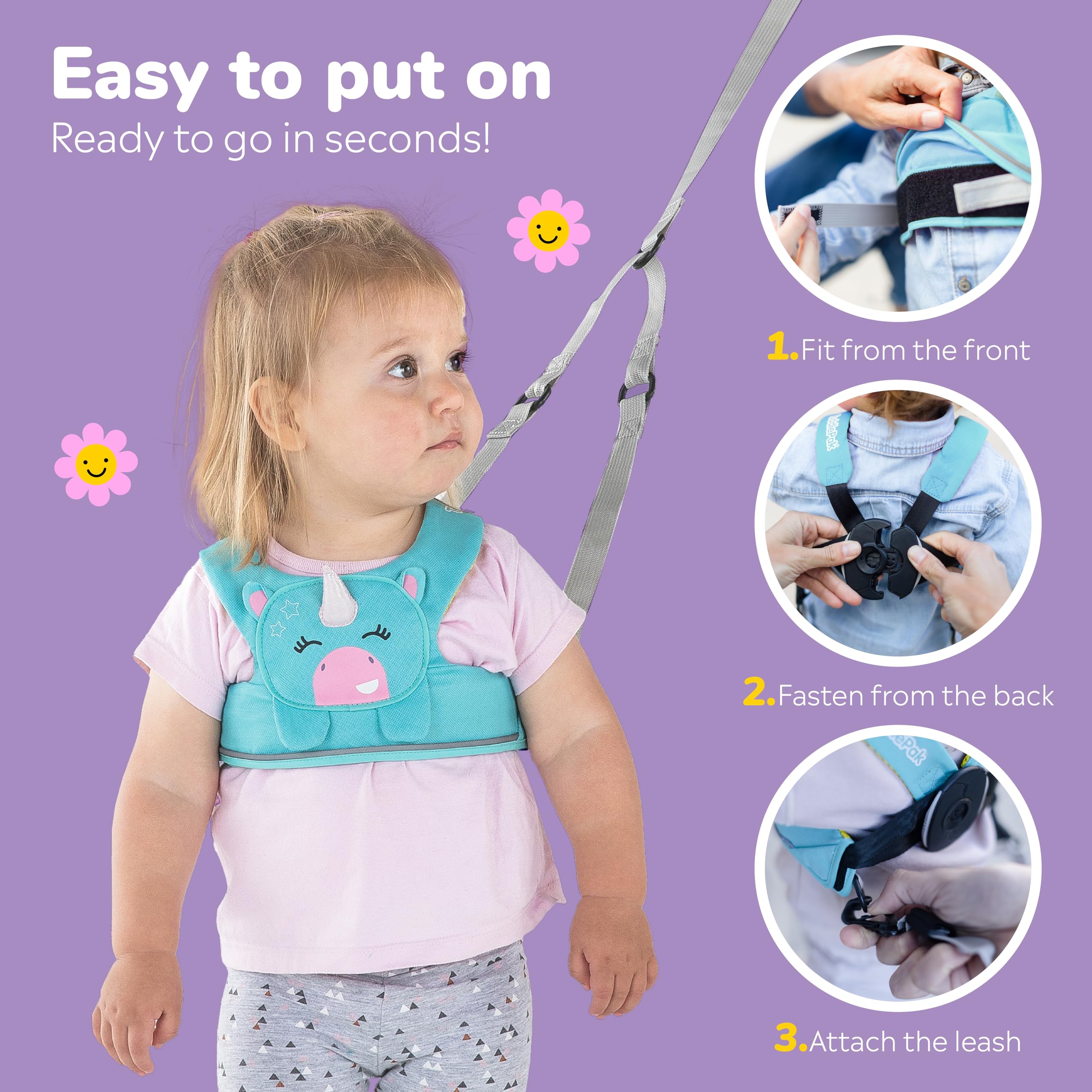 Trunki Toddler Leash - Fuss Free Toddler Walking Reins & Kids Safety Harness | Baby Leash for Kids – UNA Unicorn (Turquoise)